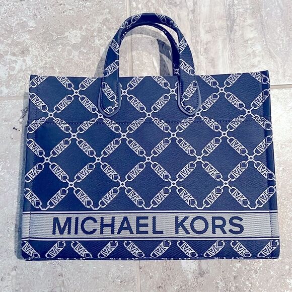 Michael Kors Gigi Large Grab Monogram Denim Tote Bag, Navy, NWT